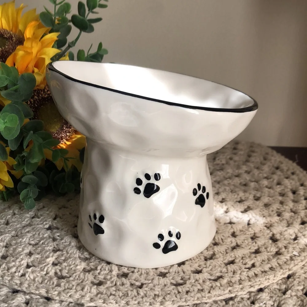 Ceramic Raised Pet Bowl with Black Paw Prints - White